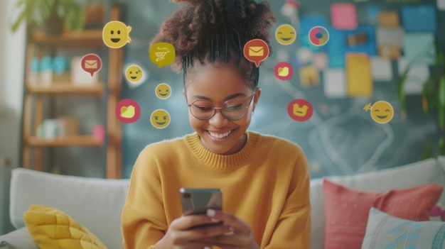 A Black woman smiles while using her smartphone in her home surrounded by 3D representations of digital icons Generative AI