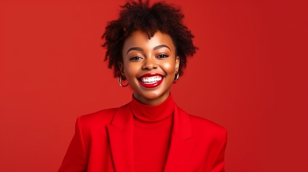 Black woman smiling and staring at camera while wearing red suit against red background GENERATE AI