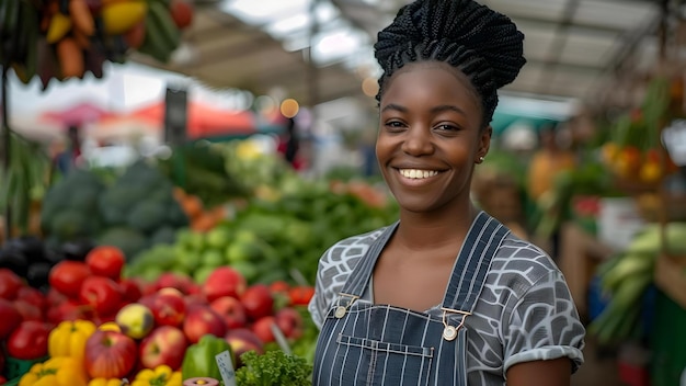 A Black woman spends her hardearned money supporting local farmers market Concept Local Farmers Market Supporting Local Businesses Economic Empowerment Healthy Eating Community Engagement