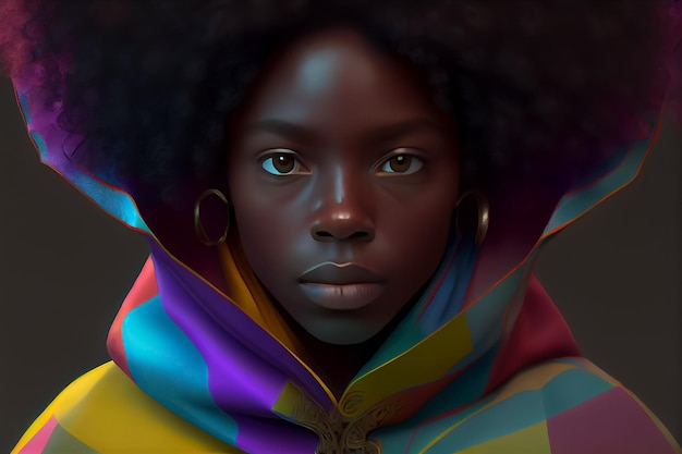 Black woman superhero in cape of rainbow pride flag AI