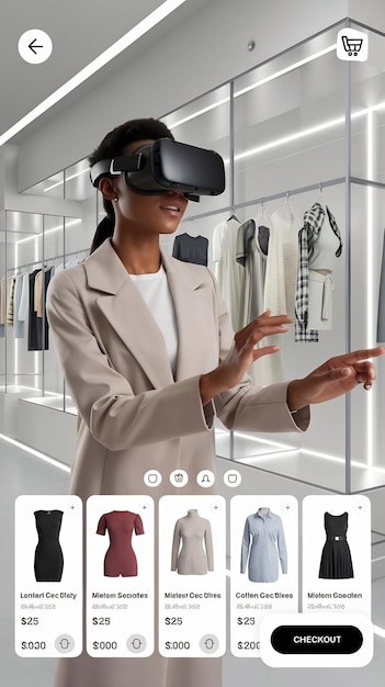 Photo black woman using virtual reality headset for online shopping browsing through dresses and clothin