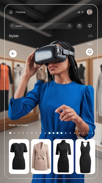 Black Woman Using Virtual Reality Headset for Online Shopping Browsing through Stylish Dresses and