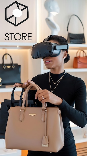 Photo black woman using virtual reality headset for online shopping browsing through stylish handbags it