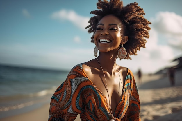 Black woman walking along the beach summer vacation holiday concept