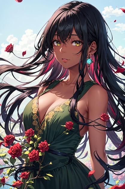 Black woman wearing green dress with red roses