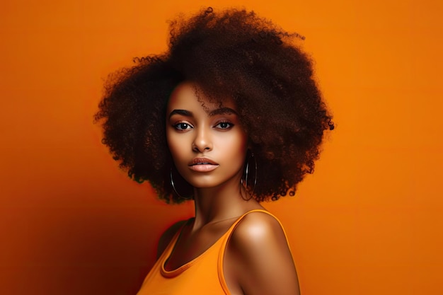 A black woman with an afro hairstyle wearing a bright orange top orange vibrant background