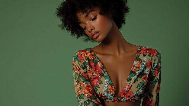 Photo a black woman with curly hair wearing a floral shirt looking down