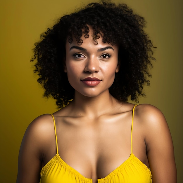 A black woman with curly hair with yellow dresss