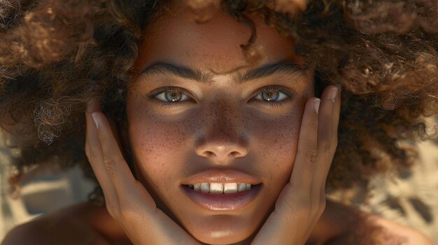 A black woman with a large afro hairstyle smiling