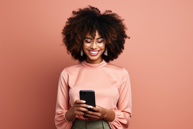 Black woman with phone on studio background