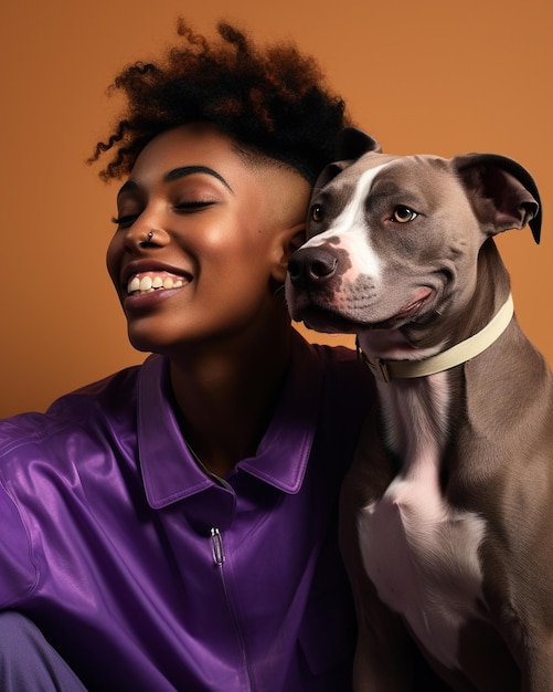 Photo a black woman with your dog petting your dog on tan background