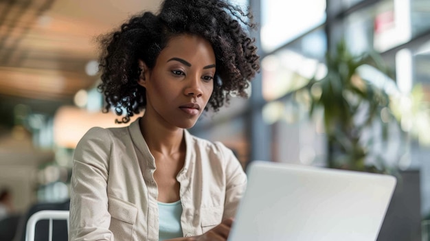 A black woman working on her project in the bright office environment