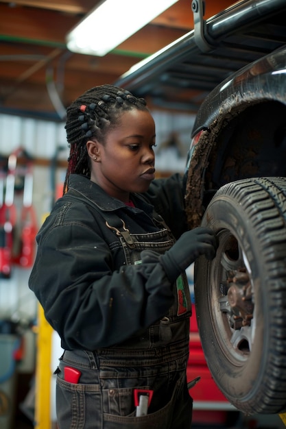 A black woman works on a tire of a car in a automobile factory