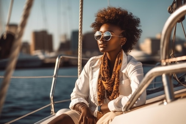 Black woman on yacht enjoying the sea trip