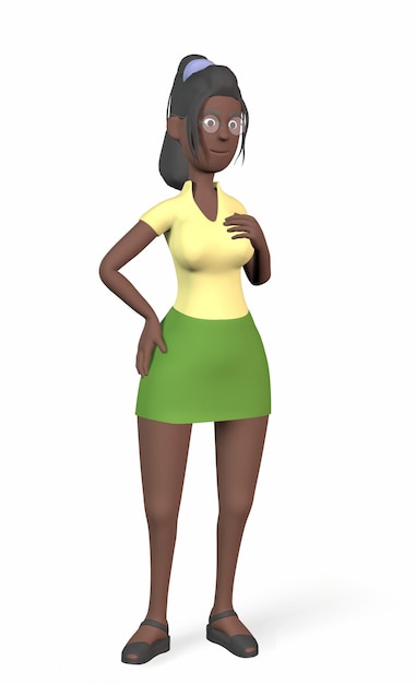 A black woman in a yellow shirt holds her breasts on a white background 3drendering