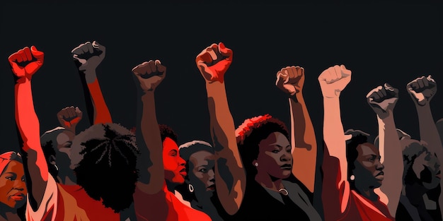 Black women march together in protest Arms and fists raised in the for activism in the community