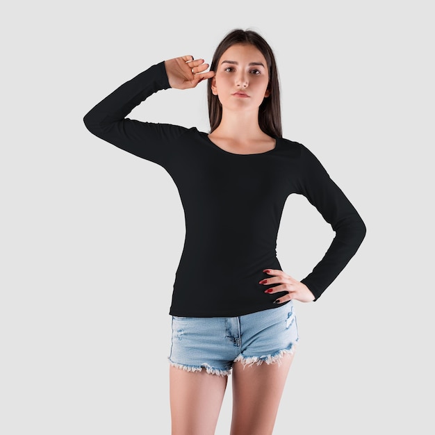 black women's sweatshirt with long sleeves for a girl of Caucasian appearance in short shorts