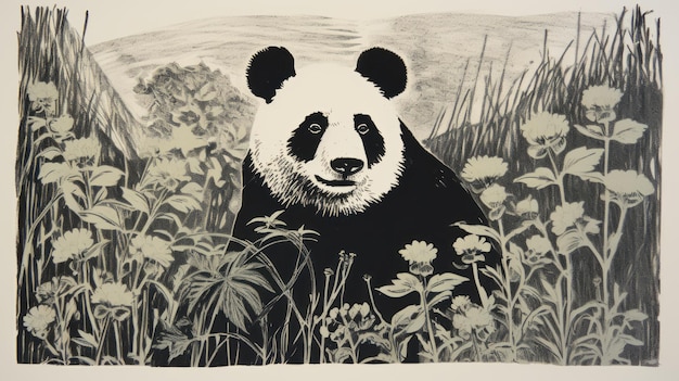 Black Woodblock Print Of Panda In Pastoral Setting