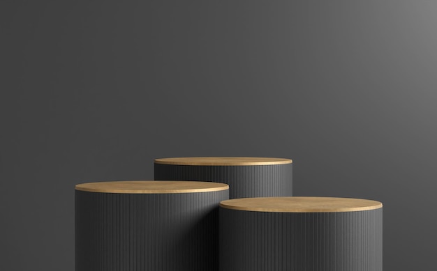 black wooden and gold podium cylinder product presentation 3D render