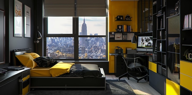 A black and yellow bedroom with bed desk chair night stand gaming setup