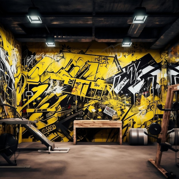 Black and yellow graffitistyle wallpaper for the gym AI