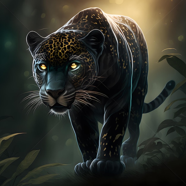 A black and yellow jaguar is walking through the jungle.