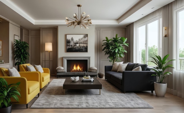 black and yellow luxury living room interior with plants