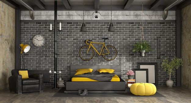 Black and yellow master bedroom in a loft