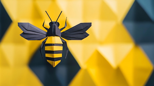 Photo a black and yellow origami bee in front of an abstract geometric background