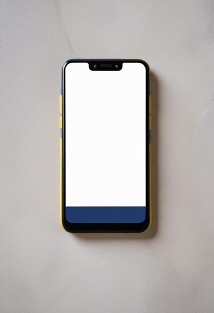 a black and yellow phone with a yellow and blue stripe is on a table