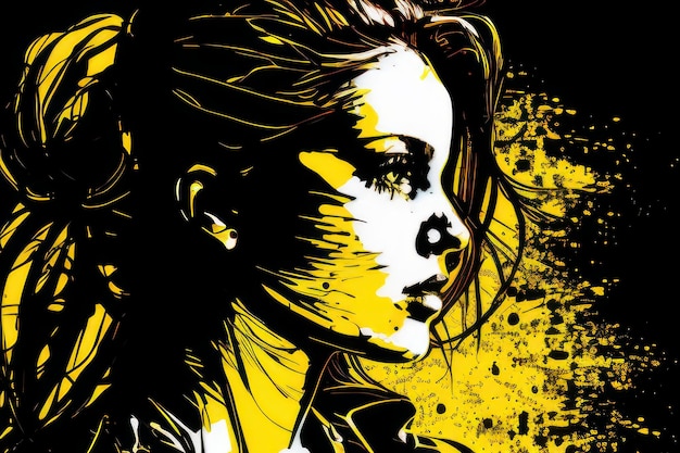 A black and yellow poster of a woman with a yellow background.