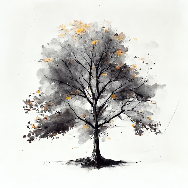 A black and yellow tree is painted with a black and grey leaf pattern.