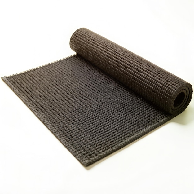 Photo black yoga mat rolled up on white background generative ai