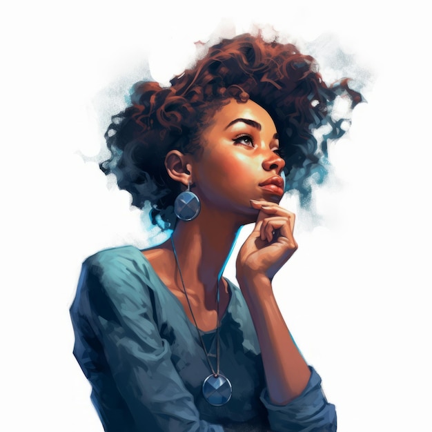 Black young woman in thinking and doubts illustration Female hipster character with dreamy face on abstract background Ai generated bright drawn colorful poster