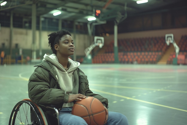 A black young woman in a wheelchair is holding a basketball