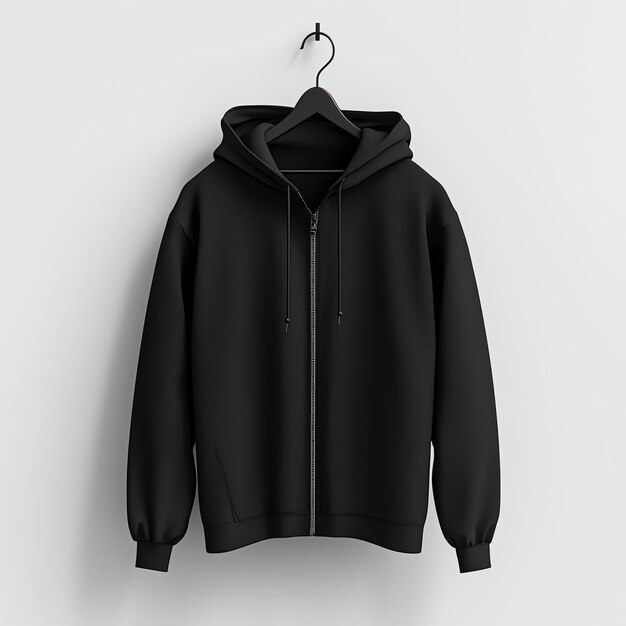 Photo black zipup hoodie on hanger no model folded hood 3d render minimalistic design white background highly detailed fabric texture