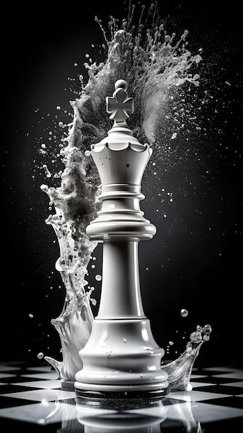 a blackandwhite chess game that is being splashed with water