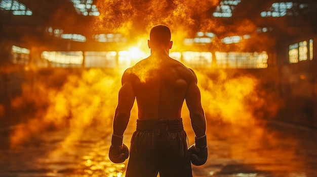 Blackandwhite photo of a boxer standing in a ring shrouded in mist and illuminated by bright