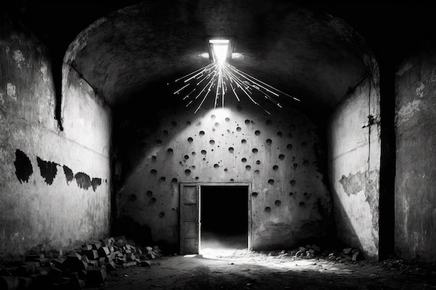 Blackandwhite photo of a WWIIera concrete bunker tunnel with stalactites rusty light bulbs