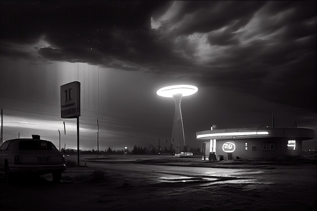 Blackandwhite security footage of ufo cosmodrome with a silent and mysterious atmosphere