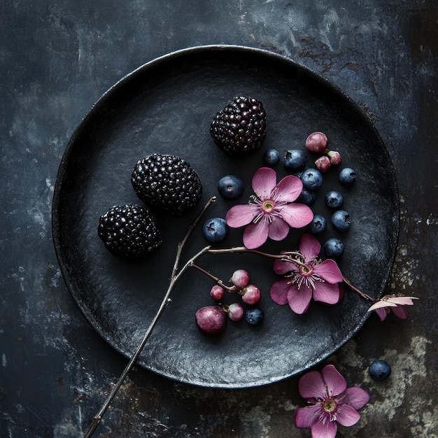 Photo blackberries and blueberries on a black plate with pink flowers still life photo