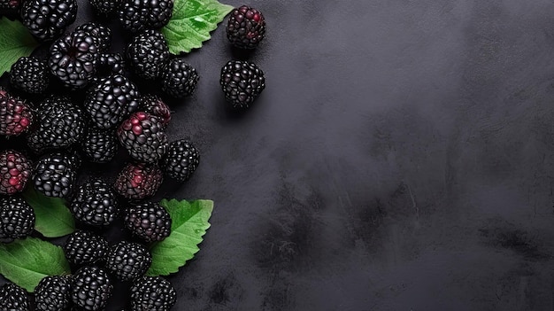 Blackberries and green leaves on a black background