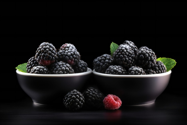 Blackberries and raspberries in a bowl on a black background