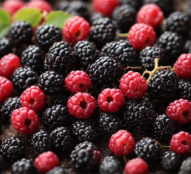 Blackberries and raspberries on a dark background Selective focus