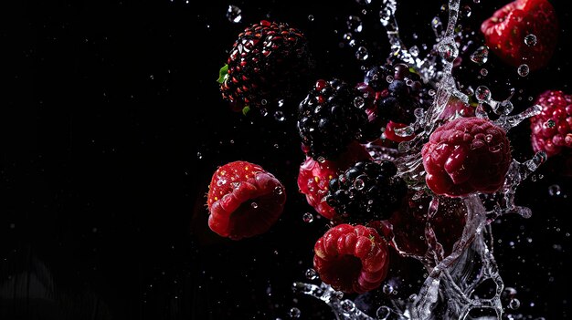 Photo blackberries and raspberries splashing in water