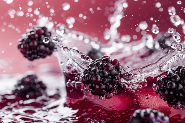 Photo blackberries splashing in vibrant purple liquid creating a refreshing and juicy berry drink scene