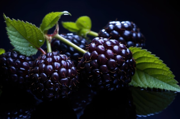 Blackberries with leaves Branch of ripe blackberry in a garden on green background Generative AI