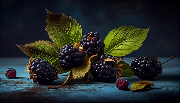 Blackberries with leaves and flowers on a black background with copy spacegenerative ai