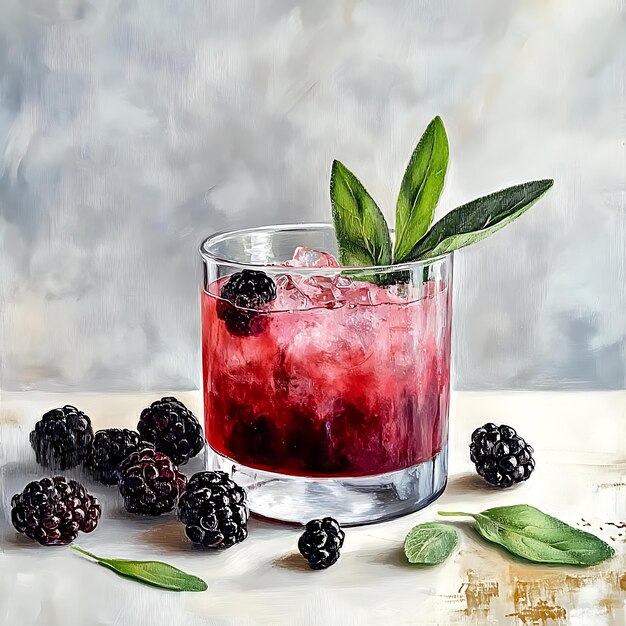 Photo blackberry cocktail with sage garnish a still life painting