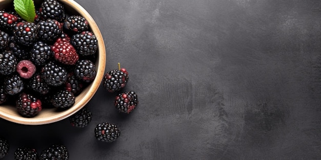 Blackberry fruit on bowl and dark table copy space background Generative AI